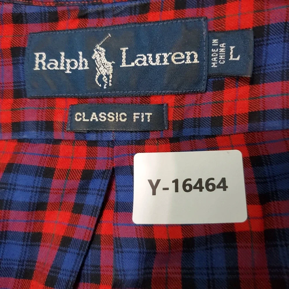 Ralph Lauren Men Button Up Shirt Large Red Classic Fit Plaid Blue LS READ